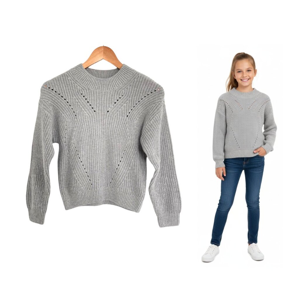 H&M Sweater Girls 12/14 Light Grey Knit Pullover Jumper Gray Cotton Blend Cozy